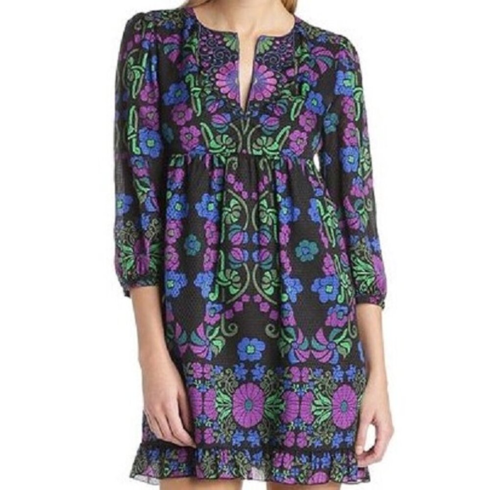 ANNA SUI Floral Deco Resort '14 Morning Glory Textured Cotton Silk Nouveau Dress